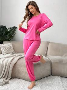 2pcs Women Casual Pajama Set, Round Neck Long Sleeve Top And Drawstring Pants, Soft & Comfortable Loungewear