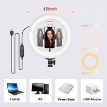 Alloy Large Size Mobile Phone Photography Accessories 12 Inch LED Ring Lighting Kit With Two Section Matte Aluminum Tripod (Adjustable Height 42 160cm), Featuring 3 Color Temperature Modes & 10 Dimmable Levels. Includes 2 Phone Holders And A 360° Ball Head (Compatible With 1/4" Screw Mount) For Women's Day Gift Birthday Celebration - Black - View 5