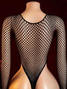 Sexy Black Mesh Bodysuit , Hollow-Out Design, Long-Sleeve, Full-Length, Adult Women's Intimate Wear, Adult Clothing , Mesh Bodysuit , Lace Up Design, Rave - Black - View 2