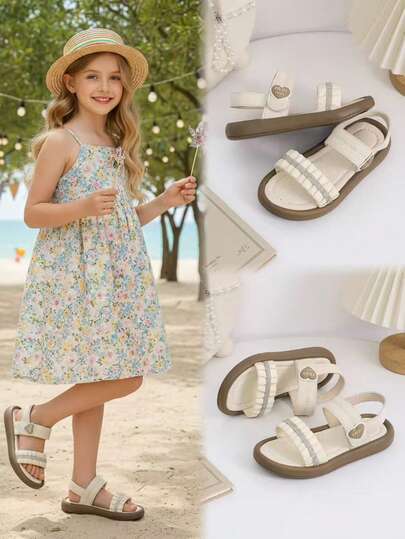 1 Pair Toddler Girls' Fashion Sandals, Soft Leather, Contrast Stitching, Shiny Strap Decor, Hook And Loop Closure, Round Toe, Elastic Soft Sole, Non-Slip, Suitable For 3-15 Years Old Girls, Casual, Beach, School, Holiday, Spring/Summer 2026