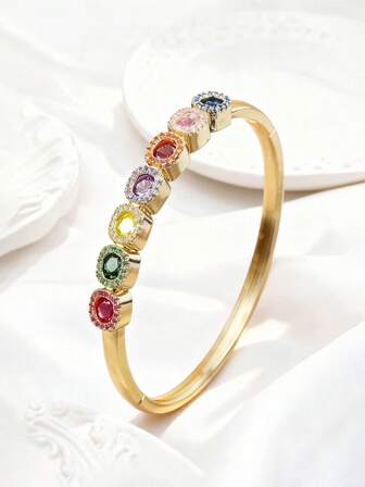 1pc S925 Silver Plated 18K Gold French Elegant Design Bracelet, Inlaid With Multiple Gemstones, Fashionable Classic Suitable For Daily Wear, Gift For Family And Friends, Couples Holiday Gift, Halloween, Christmas, Valentine's Day