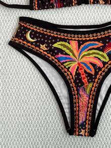 新款女士休闲热带椰树印花系带比基尼泳衣两件套 - 黑色 - 查看 8