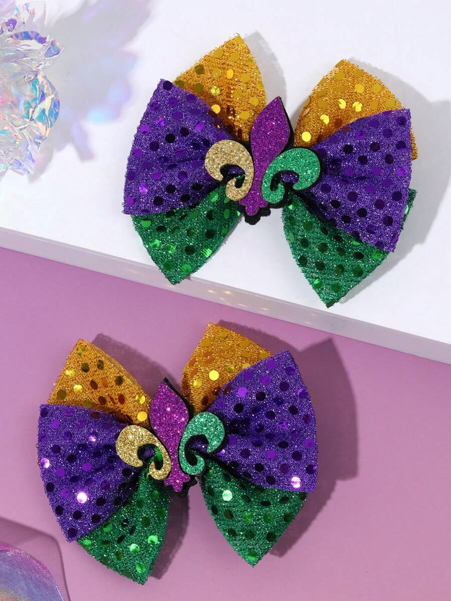 2pcs Mardi Gras Sequins Hair Bows For Girls ,Glitter Fleur-De-Lis Hair Clips ,Sparkly Purple/Green/Gold Barrettes ,Alligator Clips ,Festival Party Hair Accessories For Girls Teens - Multicolor - View 1