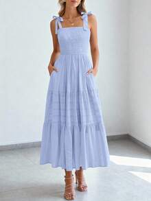 Women Summer Sleeveless Tie Shoulder Strap Smocked High Waist A-Line Long Maxi Dress Boho Beach Holiday Vacation Valentine Sundress With Pockets - 淺藍色 - 查看 3