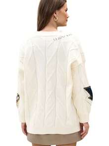 Embroidered Sweater Women's Fall Autumn Winter Letter Design Loose Knit Coat Fashion Autumn And Winter New Letter Design Loose Sweater Coat Embroidery V Neck Knit Cardigan Sweater Loose Open Front Button Down Long Sleeve Sweater  Women's Embroidered Heart Cardigan Sweater Button-Down Knitted Graphic Cardigan Coat Y2K Sweater With Pockets - trắng - Xem 6