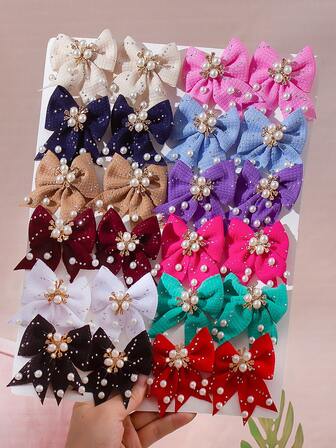 6 piezas Pasadores de pelo con lazo y textura de cristal de unicolor aleatorios, elegantes pasadores de perlas y cristal, accesorios de pelo graciosos para niñas princesa para uso diario y fiestas