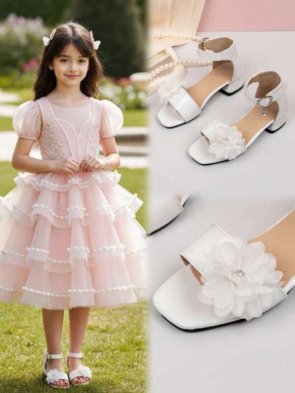 Girls' Sweet Floral High-Heeled Sandals, White Princess Soft Sole Fairy Shoes, Suitable For Daily Travel Outfit.