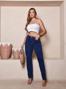Women's Straight Leg Jeans, High Waist, Comfortable, Casual, Stylish - 水鴨藍 - 查看 6