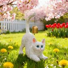 Stretching Cat Figurine, Resin Cat Figurine With Bell On Tail, Stretching Animal Desk Ornament, Decorative Figurines For Garden - White - View 2