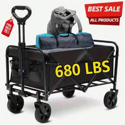 330/680-Pound All-Terrain Heavy-Duty Folding Cart, Large-Capacity Camping Cart Suitable For Courtyard Shopping/Sports/Outdoor/Gardening Equipment Transportation, Black Multi-Functional Practical Cart