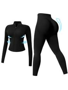 NcmRyu 1 Set Women Seamless Ribbed Zip Mock Neck Long Sleeve High Waist Skinny Pants Activewear Set - 黑色 - 查看 1