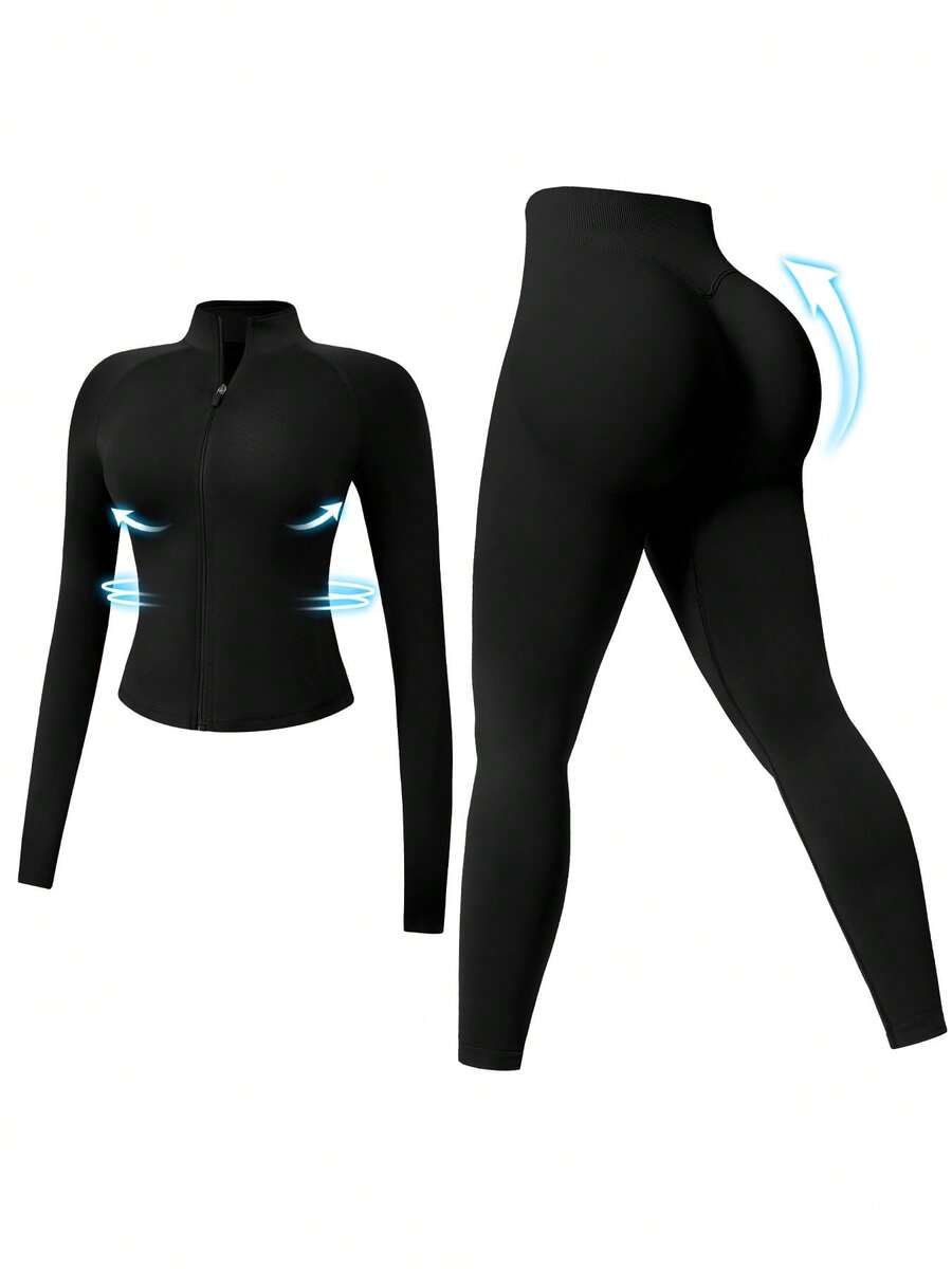 NcmRyu 1 Set Women Seamless Ribbed Zip Mock Neck Long Sleeve High Waist Skinny Pants Activewear Set - 黑色 - 查看 1