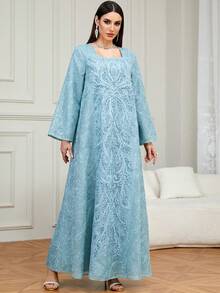 女士优雅刺绣领长袖长款卡夫坦连衣裙，缀满亮片，适合宴会和约会等场合。 - 藍色 - 查看 4