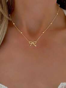 1pc Stainless Steel Jewelry Set – Gold Bowknot Pendant With Bead Chain, Simple Cute Fashion Necklace For Girls, Versatile High-End Minimalist Bow Pendant Piece - 金色 - 查看 9