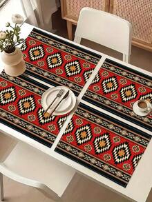 1 pieza Camino de mesa con estampado geométrico, 4 piezas Individuales con estampado geométrico, adecuado para fiestas, cumpleaños, cenas, decoración de cocina y comedor, decoración del hogar y sala de estar para todo el año - Multicolor - Ver 7