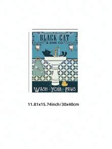 1pc Frameless Vintage Art Deco Style Black Cat "Wash Your Paws" Quote Poster, Retro Whimsical Pet Decor For Bedroom, Cute Bathroom Wall Art, Funny Cat Lover Gift, Dorm Room Decor, Funky Vintage Print For Cat Owners - Multicolor - View 13