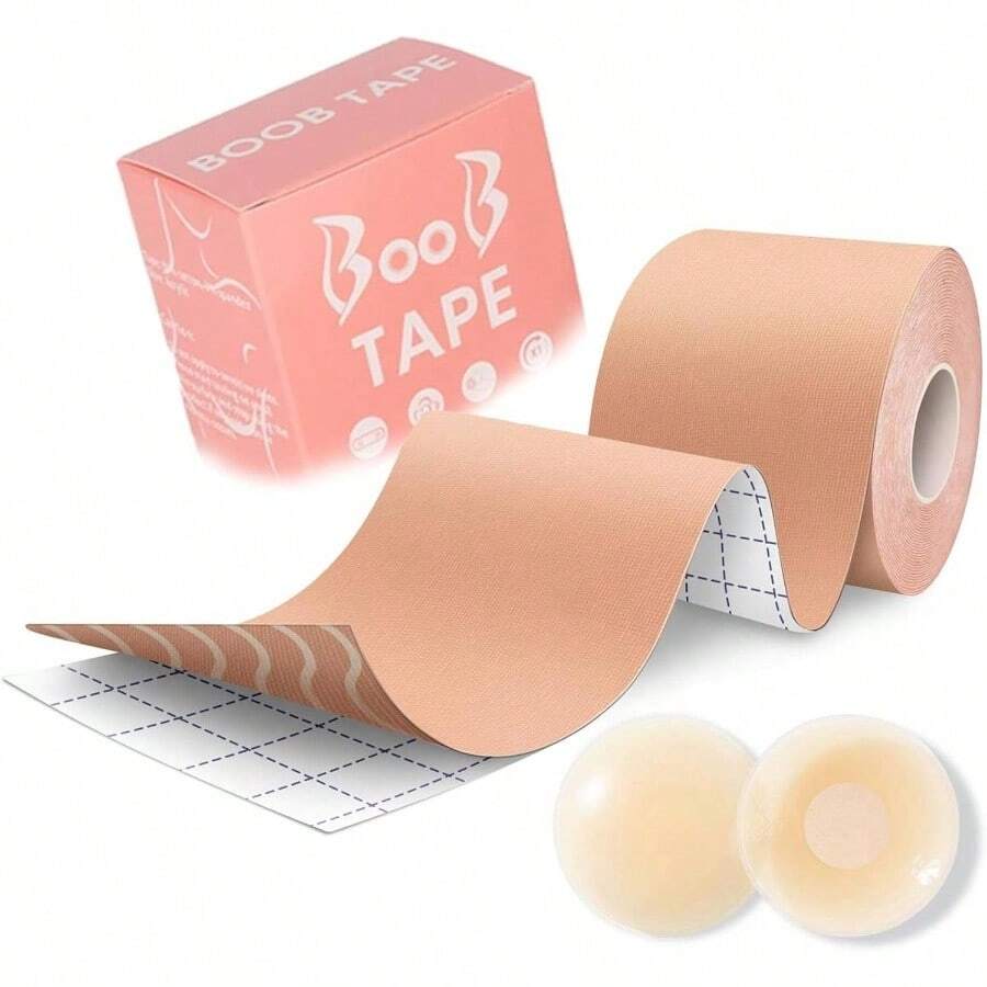 Cinta para Busto y Cubre Pezones para Mujer, 5M*5CM Cinta Levanta Busto de Algodn y Pezoneras de Silicona Adhesiva para Vestidos o Blusas, Cinta para Pechos Boob Tape, Cinta Push Pecho - inicial - Ver 1