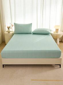 1件浅绿色条纹心形几何图案床笠床垫保护套，床垫罩，床单套装，柔软透气，适用于各种尺寸的床——单人床、双人床、特大号床、大号床，深口袋设计，最大可达11.8英寸，家用纺织品，适合学校、宿舍、床铺、床罩，透气防皱，提升睡眠质量，可机洗 - 淡綠 - 查看 4