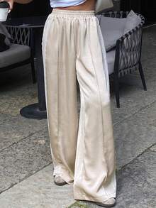 Women Satin Silk Lace Trim Pants Y2k Elastic Waist Wide Leg Pj Lounge Boxer Bottoms  Causal Trousers - 香檳色 - 查看 3