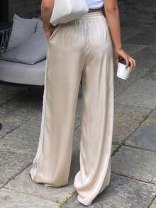 Women Satin Silk Lace Trim Pants Y2k Elastic Waist Wide Leg Pj Lounge Boxer Bottoms  Causal Trousers - 香檳色 - 查看 5