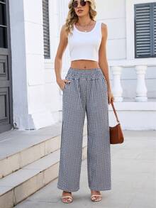Women's Black Plaid High Waist Pleated Wide Leg Pants With Pockets, Non-Stretch Polyester Casual Trousers - Black - View 5