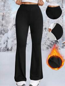 Quần legging nữ lót giữ nhiệt, quần ống loe dày dặn, màu trơn ấm áp, quần thể thao cạp cao cho mùa thu/đông, quần yoga mềm mại phù hợp cho tập luyện ngoài trời và mặc thường ngày, màu đen thể thao. - màu đen - Xem 1