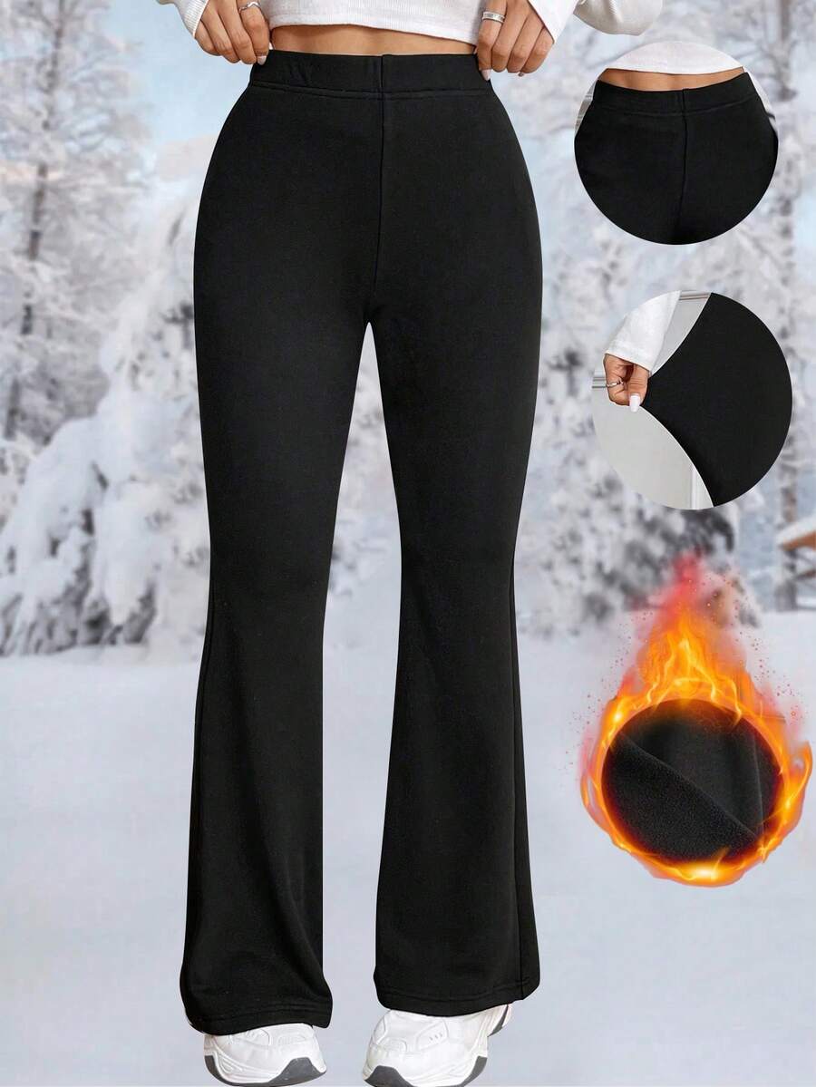Quần legging nữ lót giữ nhiệt, quần ống loe dày dặn, màu trơn ấm áp, quần thể thao cạp cao cho mùa thu/đông, quần yoga mềm mại phù hợp cho tập luyện ngoài trời và mặc thường ngày, màu đen thể thao. - màu đen - Xem 1