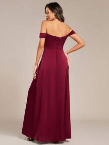 EVERPRETTY Elegant & Charming High Slit Waist Ruched Off Shoulder Formal Evening Dress, Suitable For Balls, Galas, Graduation Parties And Other Formal Occasions Spring Wedding Party - Burgundy - View 4