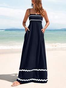 PRETTYGARDEN Women's Summer Flowy Maxi Dress Vestidos Casual Sleeveless Strap Ruffle Wedding Guest Graduation Beach Party Travel Vacation Long White Dresses - 深藍色 - 查看 4