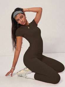 PinkTip Coffee Color Basic Top And Pants Set, High-Waisted Loose Fit, Essential Casual And Workout Piece For Summer - Coffee Brown - View 3