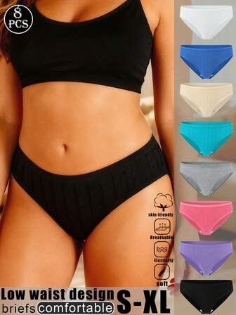 8 Pcs Women's Ribbed Briefs High Elasticity Panties Solid Color Underpants Low-Waist Panty Comfortable And Breathable Knickers Sports Lingerie Underwear Women Panties For Wome