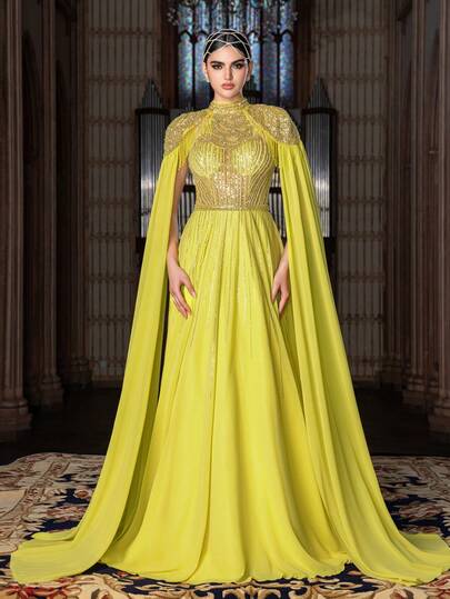 This Elegant Chiffon Formal Dress For Women Features Beaded Sequins, A Fitted Bodice, Sheer Chiffon Sleeves, And A Flowing A-Line Maxi Skirt - An Ideal Choice For Weddings, Formal Galas, Red Carpet Events, And Cultural Celebrations.