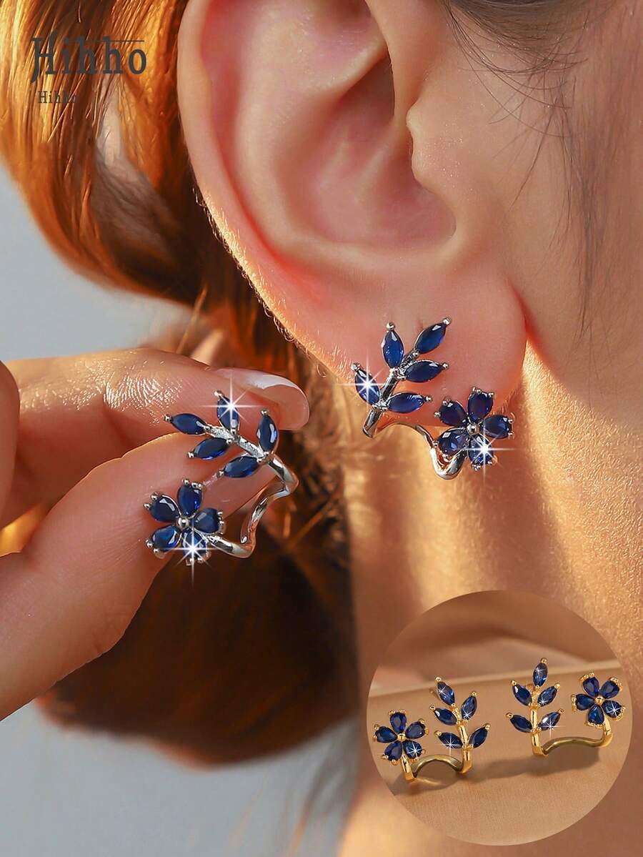 Hihho 2 chiếc khuyên tai hình lá và hoa đính đá Sapphire Zirconia lấp lánh thời trang cá nhân hóa, quà tặng cho bé gái, trang sức Giáng sinh