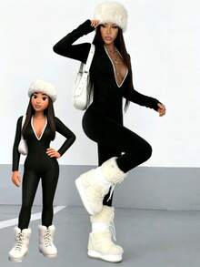 Women's Street Style Contrast Color Long Sleeve Deep V-Neck Jumpsuit, Spring/Autumn - Black - View 3