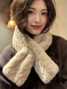 1 pieza Bufanda con textura de piel sintética, bufanda de invierno beige, bufanda suave y esponjosa, accesorio elegante y de moda para el frío, bufanda de invierno para mujer - Multicolor - Ver 4