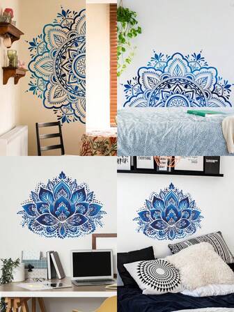 Blue Half Mandala Wall Stickers, Lotus Mandala Mandala Flower Pattern Wall Decals Datura Stramonium Removable Vinyl Peel And Stick For Living Room Bedroom Sofa Yoga Room TV Background Art Home Decor