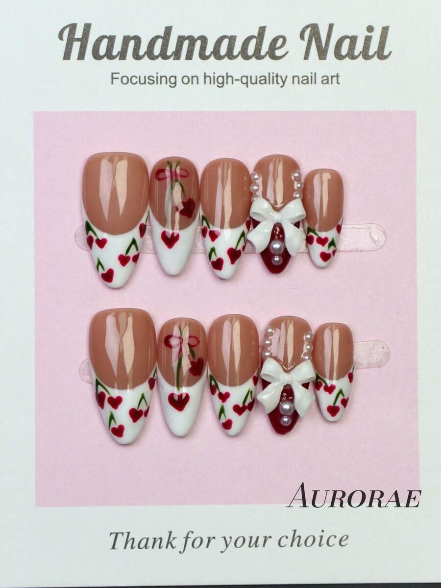 10片手工美甲，杏仁形美甲，中号按压式美甲，西式裸粉色美甲，白色法式美甲，手绘红色心形樱桃蝴蝶结美甲，3D蝴蝶结珍珠镶嵌美甲饰品，欧美风可爱优雅奢华秋季按压式美甲，Y2K哥特风，百搭DIY假指甲，适合派对、日常、约会、海滩、热带度假等场合，可重复使用，送给女性和女孩的美甲用品 - 彩色 - 查看 1