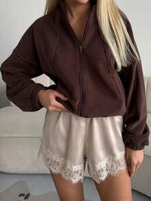 Women Lace Trim Satin Silk Shorts Y2K Patchwork Silky Mini Shorts Elastic Waist Pajama Slip Bottoms Boxer Coquette Micro Mini Shorts Going Out Shorts - 藕色 - 查看 2