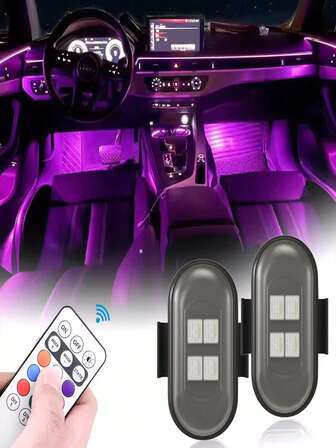 2/4 piezas Luces estroboscópicas LED inalámbricas para decoración de automóviles, luces de ambiente de 8 colores recargables, luces de advertencia LED anticolisión con control remoto y sincronización