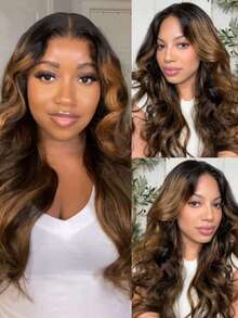 Păr uman Balayage 4x4, cu închidere din dantelă, fără partea laterală, cu 3 bucăți de mănuși ondulate, maro, cu șuvițe, 3 bucăți de păr uman ondulat, cu închidere din dantelă, țesături de păr uman ondulat, cu șuvițe