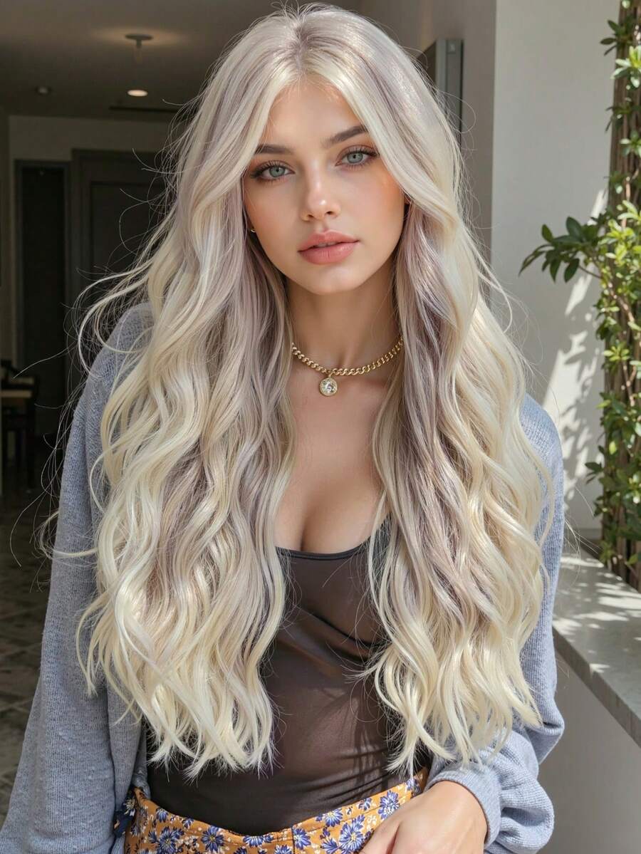 24英寸长灰色挑染波浪假发，女士黑色卷发假发，带空气刘海，水波纹假发，耐热合成纤维假发，适合日常派对使用