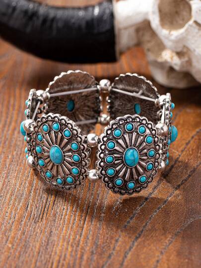 1对蓝色绿松石珠饰西部风格康乔手镯，弹力开口手镯，牛仔绿松石首饰