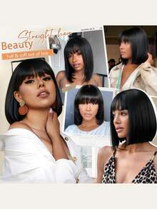 Black Fluffy Natural Loose Body Wave Curtain Bangs Wig 3D Body Wave Lace Frontal Wig With Bangs Pre Everything Put On And Go Glueless Human Wigs,Summer Wig, Loose Body Wave Curtain Bangs Wig With Invisi Drawstring Fit All Head Size Glueless Wigs Human Hair Pre Plucked Pre Cut Bleached Knots Put On And Go Human Hair Wigs Natural Black Color 180% Density Straight Hair Human Wig 8-12 Inch Bob Wig - S1B - 查看 6