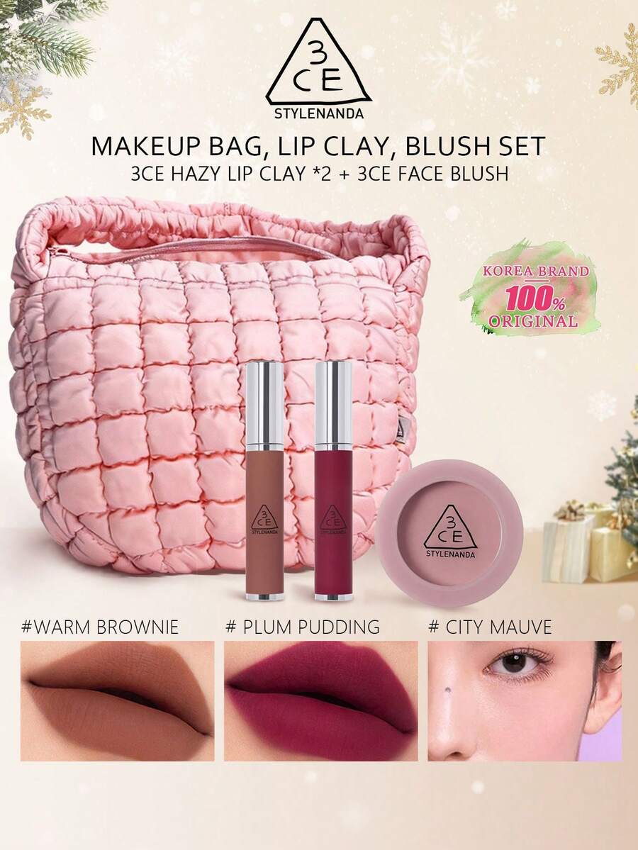 3CE Bộ phấn má hồng và son môi (kèm túi đựng mỹ phẩm). Bao gồm: Son môi lì màu nâu ấm, son môi lì màu mận, phấn má hồng màu mận. Món quà hoàn hảo cho bạn bè và gia đình, bộ quà tặng Giáng sinh, quà tặng năm mới, mỹ phẩm Hàn Quốc.