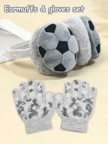Kids Knitted Plush Earmuffs & Gloves Set, Football Style Warm Earmuffs, Camouflage Polka Dot Print Warm Gloves - Windproof And Touch Screen Compatible, Suitable For Outdoor Skiing, Cycling, Daily Wear - Earmuffs + Gloves - View 3