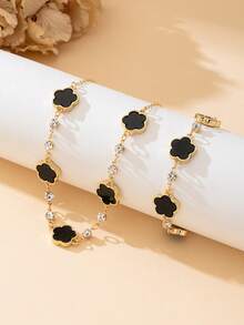 1pc Black Clover Pendant Necklace With Rhinestones, Elegant High-End Luxury Feel, Autumn/Winter New Style; 1pc Women Bracelet Jewelry Set, Gift For Valentine's Day Date - Black - View 2