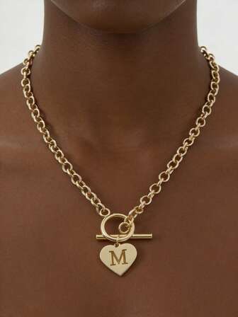 1pc Simple Golden Color Heart Hollow M Letter Pendant Toggle Clasps Metal Chain Necklaces For Women