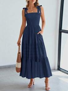 Women Summer Sleeveless Tie Shoulder Strap Smocked High Waist A-Line Long Maxi Dress Boho Beach Holiday Vacation Valentine Sundress With Pockets - 藏蓝色 - 查看 5