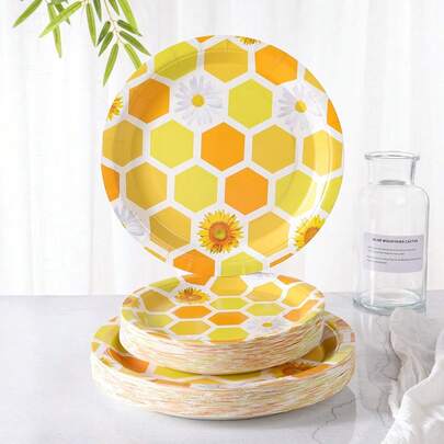 7-Inch And 9-Inch Disposable Party Paper Plates, Chrysanthemum & Honeycomb Print Party Supplies, Disposable Paper Plates For Birthday, Party Decorations