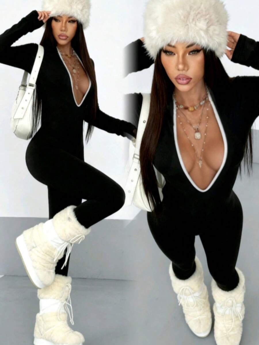 Women's Street Style Contrast Color Long Sleeve Deep V-Neck Jumpsuit, Spring/Autumn - Black - View 1